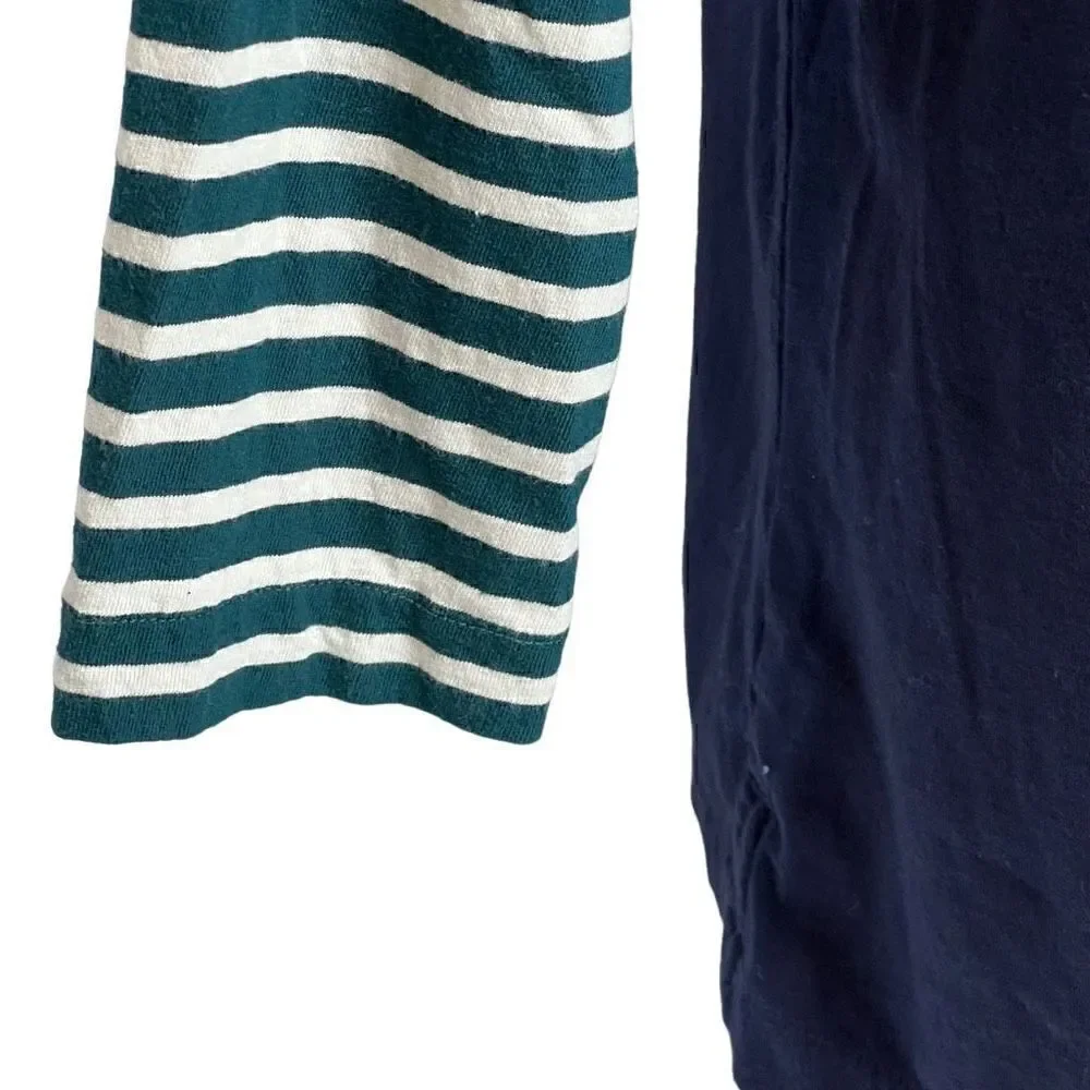 J. Crew 3/4 sleeve navy blue top with green and white striped sleeves size M